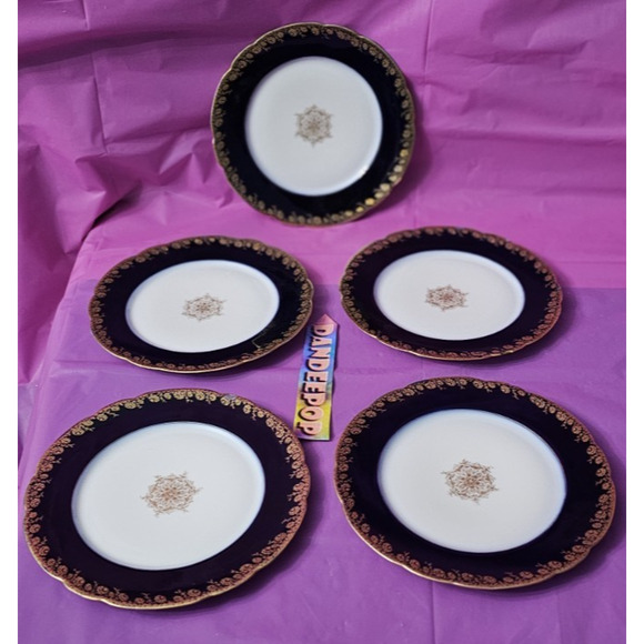 Antique J. Pouyat Limoges Cobalt Blue Gold Border Medallion 5 Dinner Plates SetB